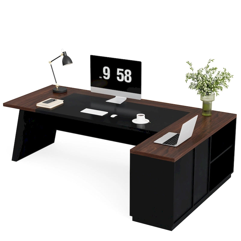 Bureau de direction en L avec tiroir de classement et étagères ouvertes – Noyer+Noir / Gris+Noir, 2 niveaux de rangement, 1 personne