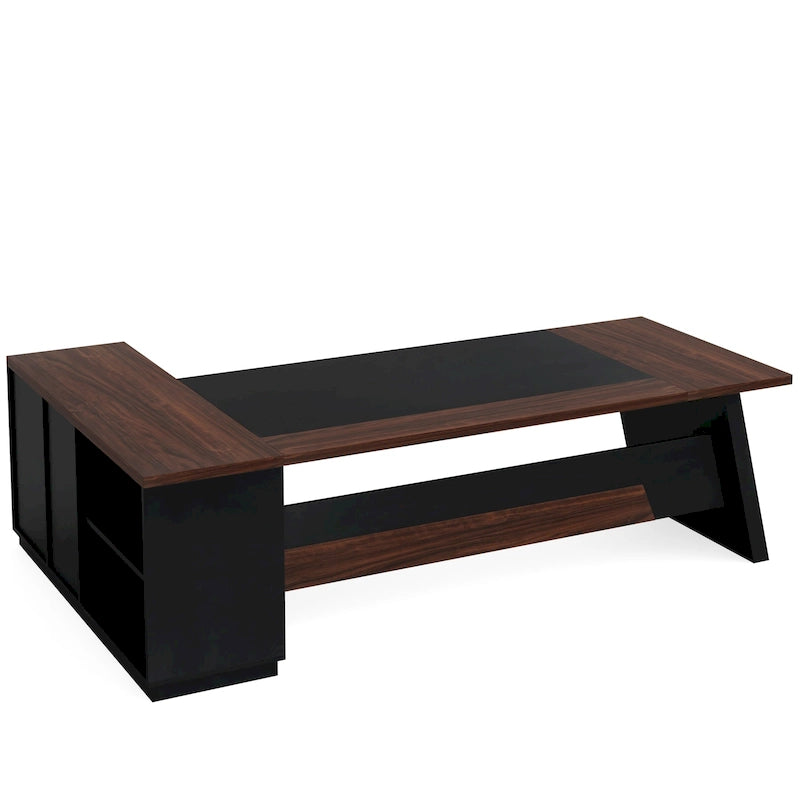 Bureau de direction en L avec tiroir de classement et étagères ouvertes – Noyer+Noir / Gris+Noir, 2 niveaux de rangement, 1 personne