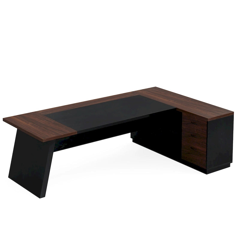 Bureau de direction en L avec tiroir de classement et étagères ouvertes – Noyer+Noir / Gris+Noir, 2 niveaux de rangement, 1 personne
