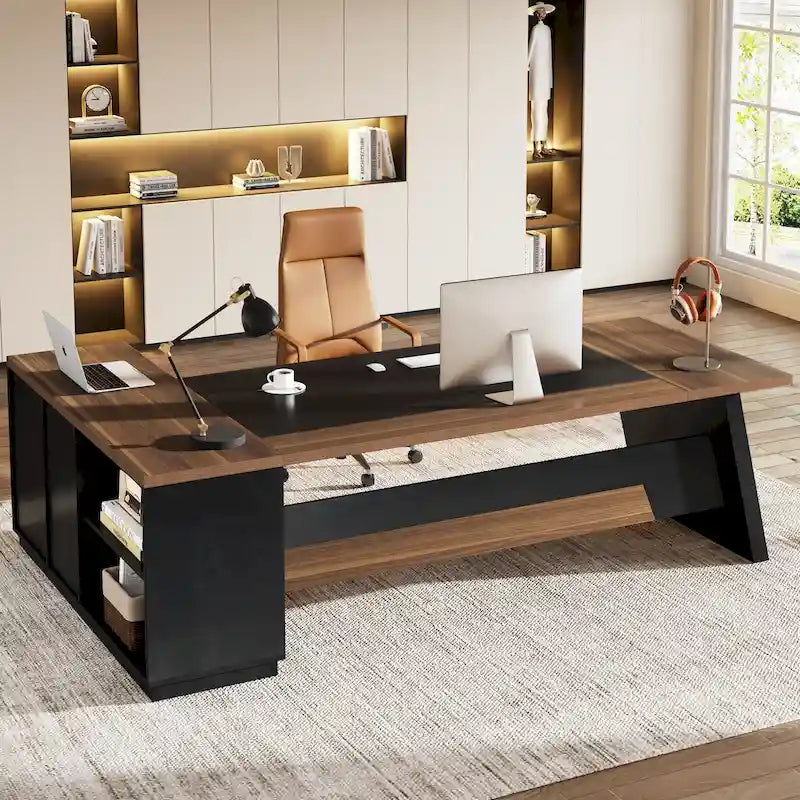 Bureau de direction en L avec tiroir de classement et étagères ouvertes – Noyer+Noir / Gris+Noir, 2 niveaux de rangement, 1 personne