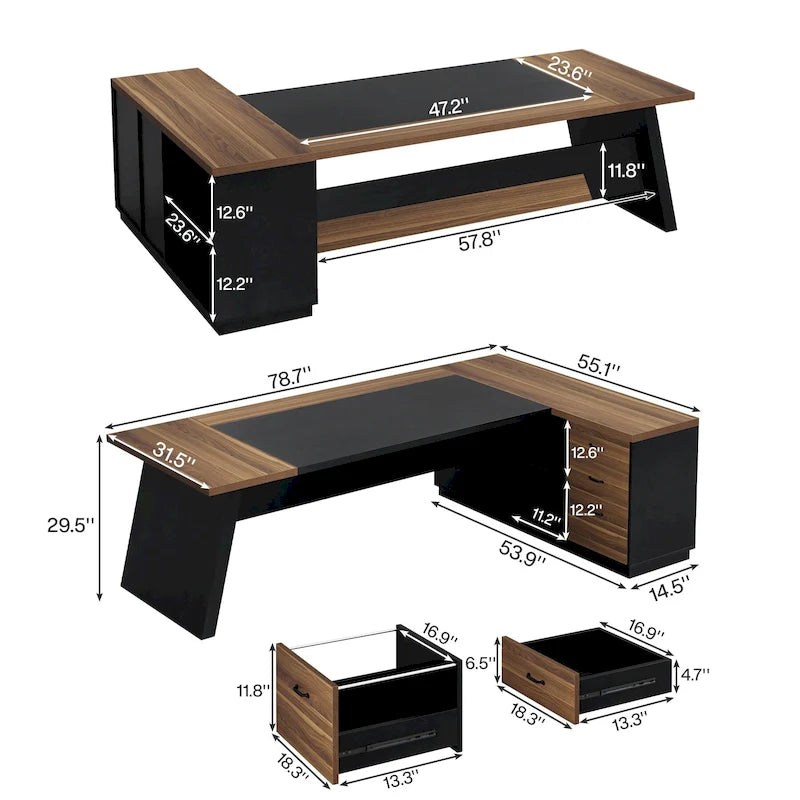 Bureau de direction en L avec tiroir de classement et étagères ouvertes – Noyer+Noir / Gris+Noir, 2 niveaux de rangement, 1 personne