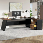 Bureau de direction en L avec tiroir de classement et étagères ouvertes – Noyer+Noir / Gris+Noir, 2 niveaux de rangement, 1 personne