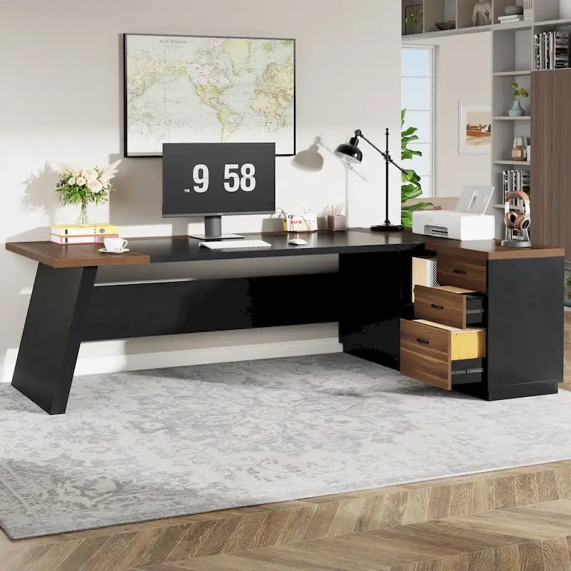 Bureau de direction en L avec tiroir de classement et étagères ouvertes – Noyer+Noir / Gris+Noir, 2 niveaux de rangement, 1 personne