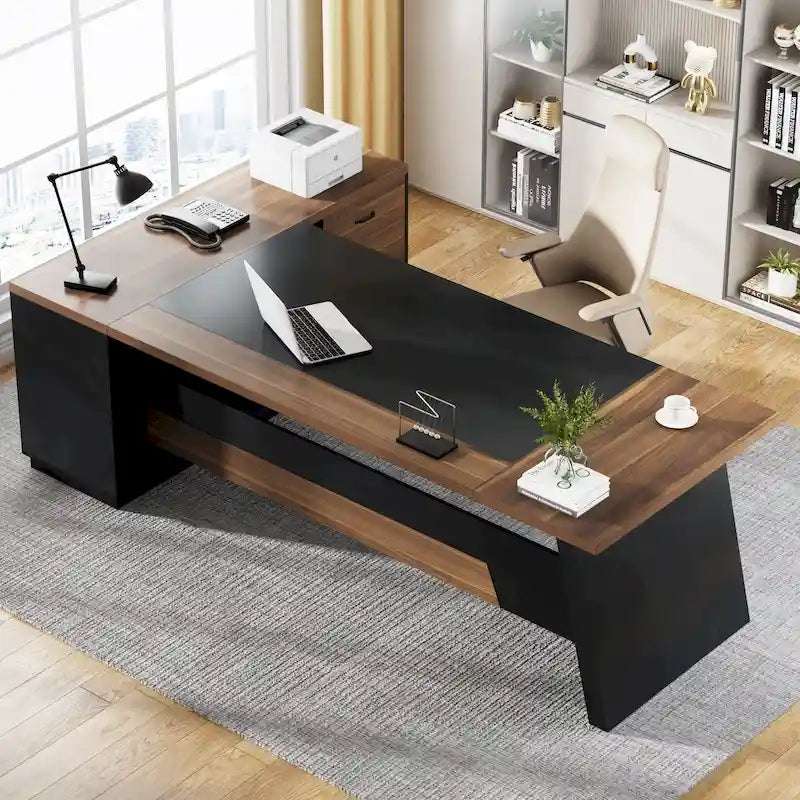 Bureau de direction en L avec tiroir de classement et étagères ouvertes – Noyer+Noir / Gris+Noir, 2 niveaux de rangement, 1 personne