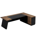 Bureau de direction en L avec tiroir de classement et étagères ouvertes – Noyer+Noir / Gris+Noir, 2 niveaux de rangement, 1 personne