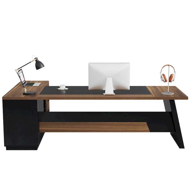 Bureau de direction en L avec tiroir de classement et étagères ouvertes – Noyer+Noir / Gris+Noir, 2 niveaux de rangement, 1 personne