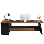 Bureau de direction en L avec tiroir de classement et étagères ouvertes – Noyer+Noir / Gris+Noir, 2 niveaux de rangement, 1 personne