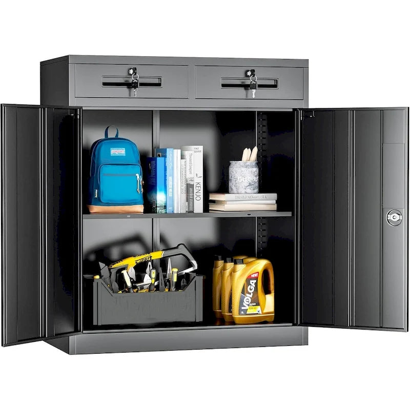 Armoire de rangement métallique verrouillable à 2 tiroirs et étagères réglables – Blanc/Noir, 2 portes