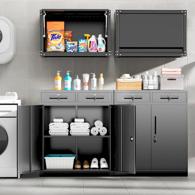 Armoire de rangement métallique verrouillable à 2 tiroirs et étagères réglables – Blanc/Noir, 2 portes