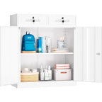 Armoire de rangement métallique verrouillable à 2 tiroirs et étagères réglables – Blanc/Noir, 2 portes