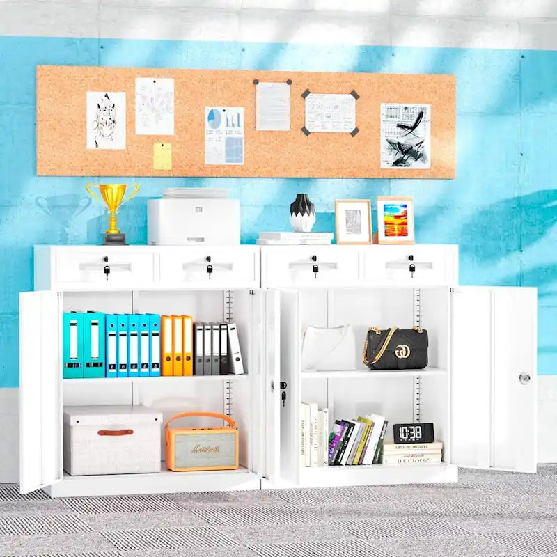 Armoire de rangement métallique verrouillable à 2 tiroirs et étagères réglables – Blanc/Noir, 2 portes