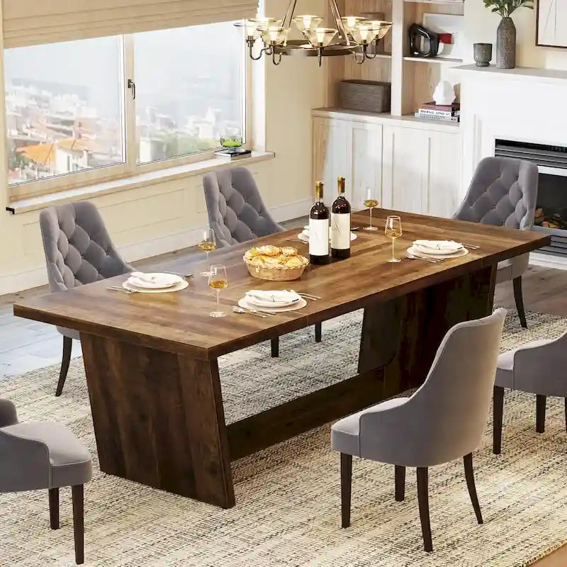 Table à manger rectangulaire de ferme avec pied central – Marron, grain de bois, 6 à 8 places