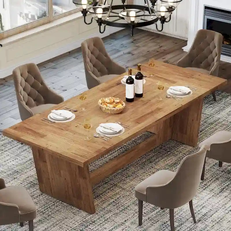 Table à manger rectangulaire de ferme avec pied central – Marron, grain de bois, 6 à 8 places