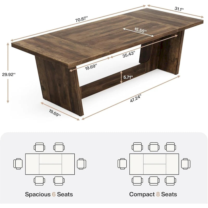 Table à manger rectangulaire de ferme avec pied central – Marron, grain de bois, 6 à 8 places