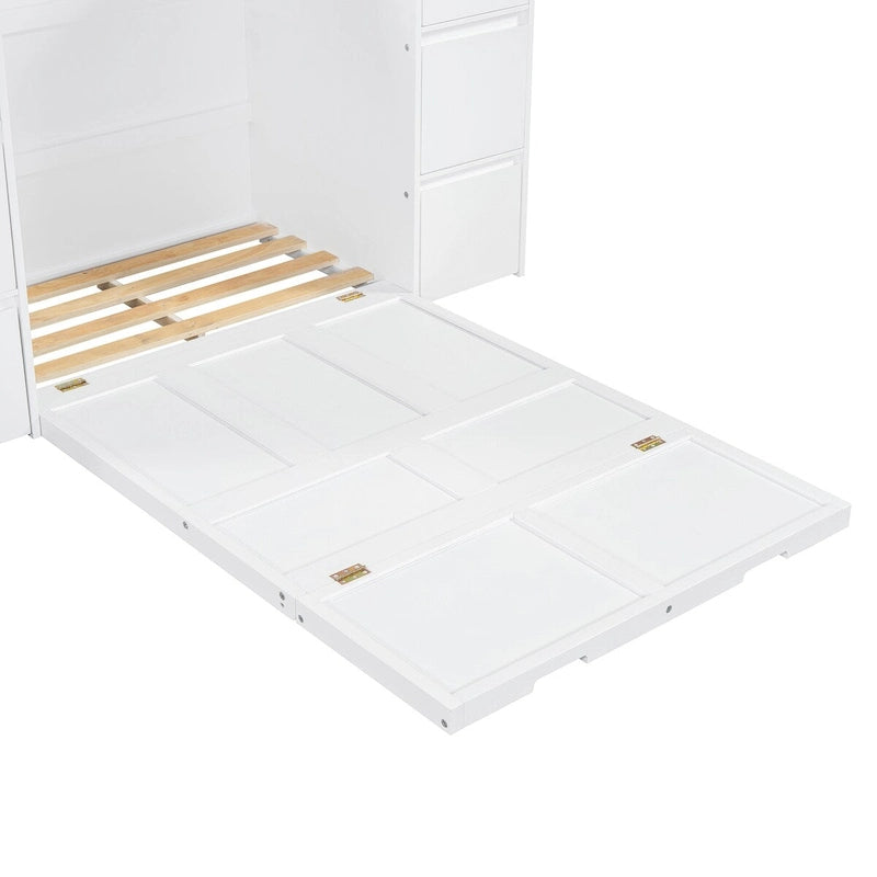 Lit escamotable avec tiroirs, armoires et tabourets – Blanc / Gris, simple / double, 1 à 2 couchages