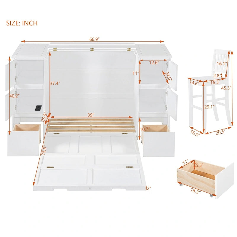 Lit escamotable avec tiroirs, armoires et tabourets – Blanc / Gris, simple / double, 1 à 2 couchages