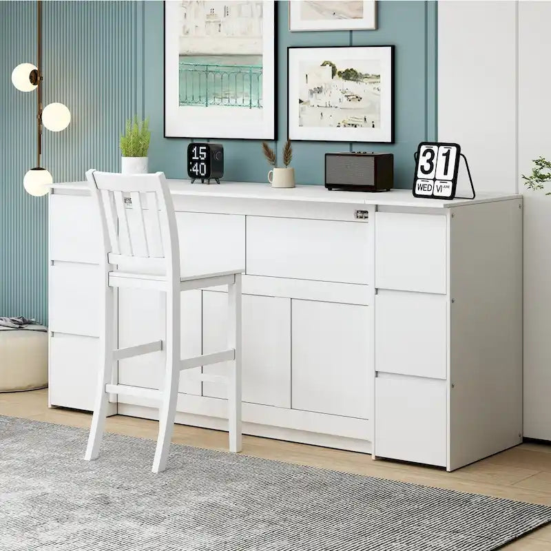 Lit escamotable avec tiroirs, armoires et tabourets – Blanc / Gris, simple / double, 1 à 2 couchages