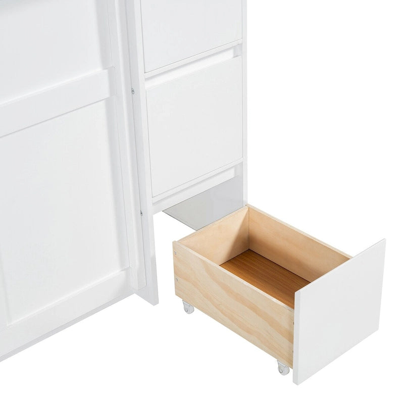 Lit escamotable avec tiroirs, armoires et tabourets – Blanc / Gris, simple / double, 1 à 2 couchages