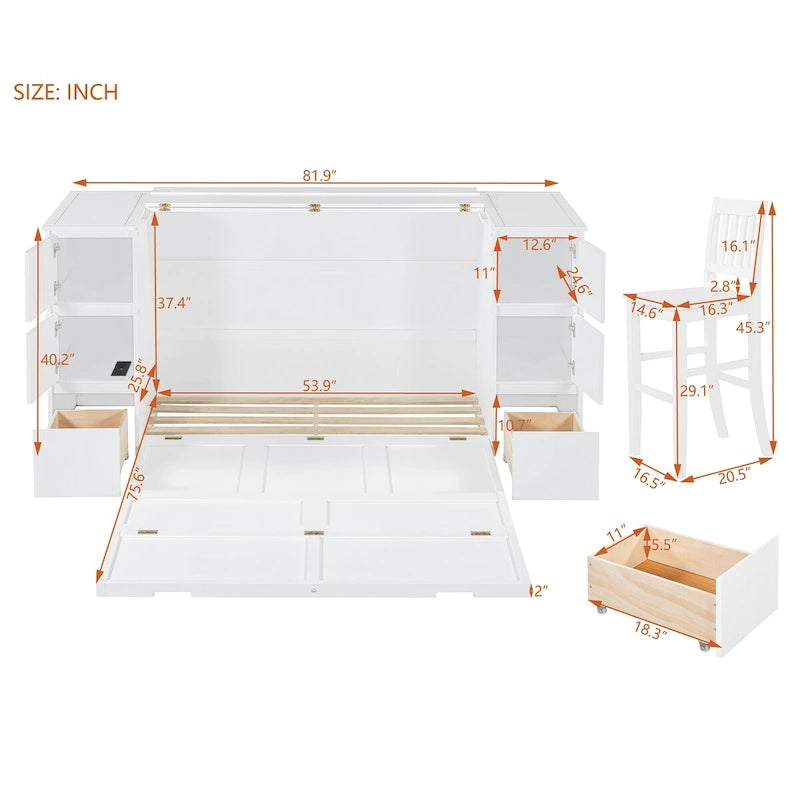 Lit escamotable avec tiroirs, armoires et tabourets – Blanc / Gris, simple / double, 1 à 2 couchages